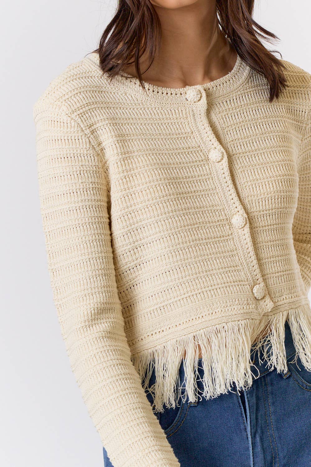 Fringe Sweater Button Up Cardigan Top