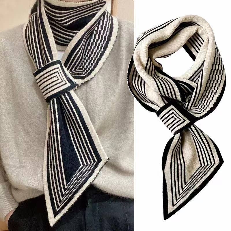 Creamy-Black Cross-Front Geometric Stripes Scarf