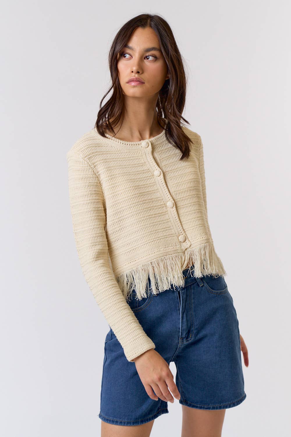 Fringe Sweater Button Up Cardigan Top