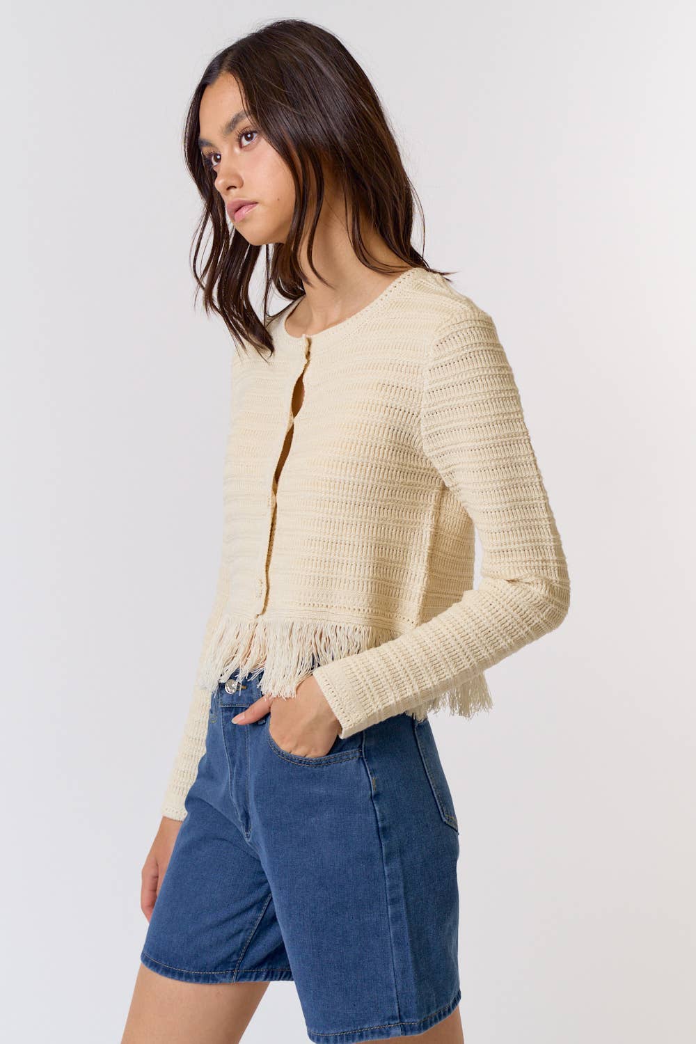 Fringe Sweater Button Up Cardigan Top